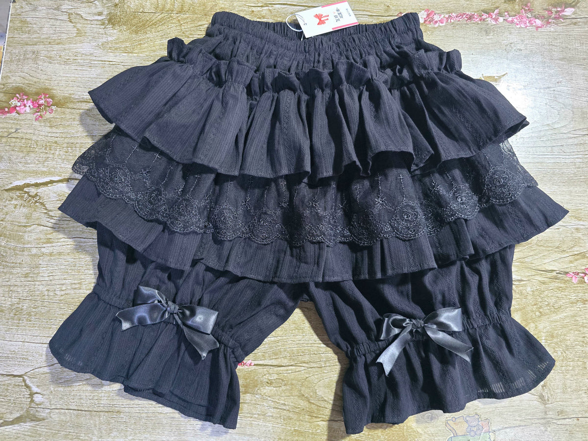 Lolita Jacquard Cotton Bloomers, Ruffle Lace Trim Black Bloomers - 17.7" (45 cm)