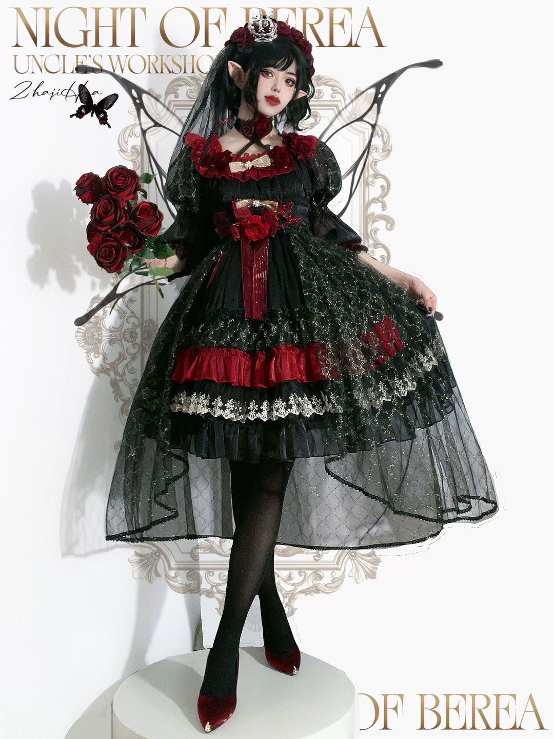 Uncle Wall Original~Night of Berea~Gothic Lolita OP Black and Red Lolita Dress