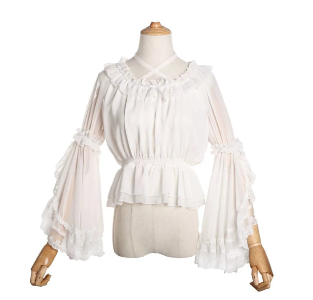 Motadalu~Classic Lolita Shirt Lace Princess Sleeves Chiffon Lolita Blouse White (cross-over halter strap neckline) Free size