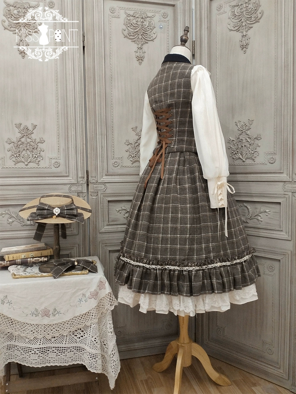 (BFM)Miss Point~Rose~Elegant Lolita Fishbone Grid Skirt Customized (M) 32512:384954