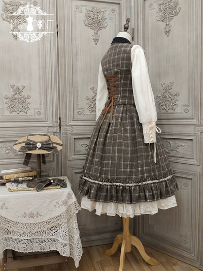 (BFM)Miss Point~Rose~Elegant Lolita Fishbone Grid Skirt Customized M dark brown grid 