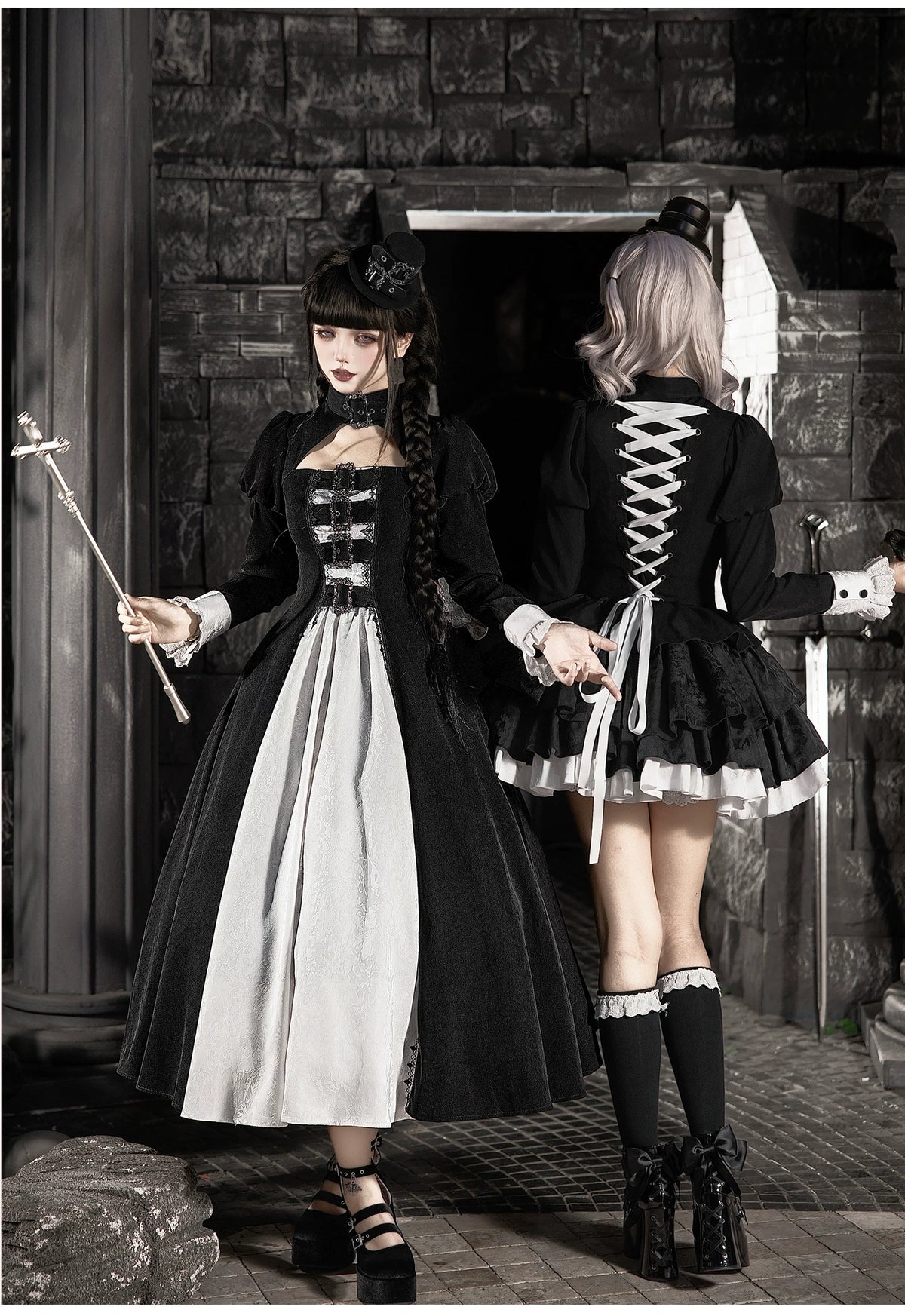 Klein - Black and White Gothic Lolita OP Dress Set, Metal D-rings 45996:871444