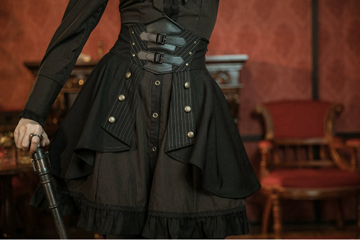 (BFM)Mr. Yi's Steam Continent~Gothic Lolita Skirt Black High-Waisted Leather Waistband Skirt