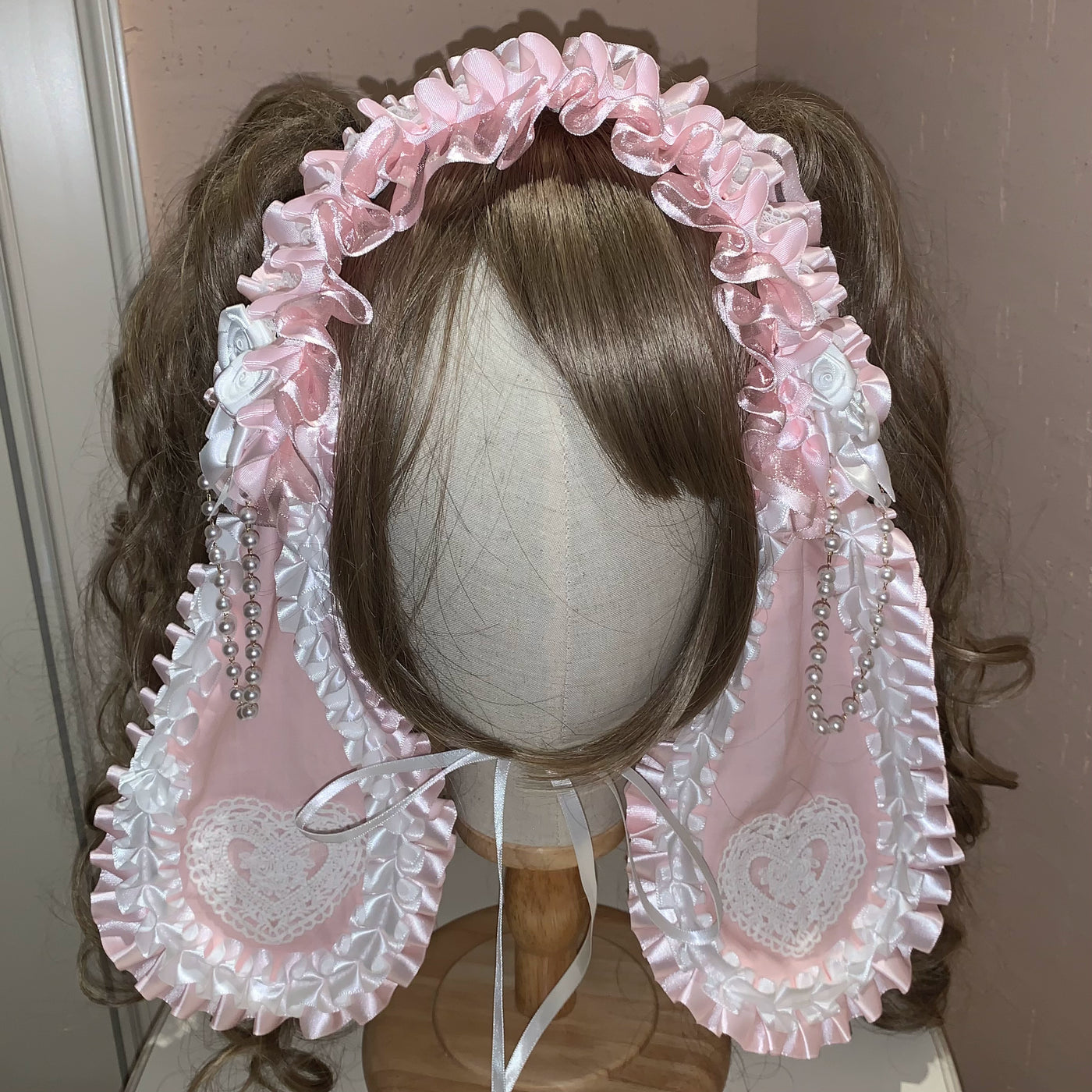 (BFM)BLAKTEARS KISS~Sweet Lolita Headband Kawaii Top Hat Free size Pink-white rabbit ear headband (detachable rabbit ears) 