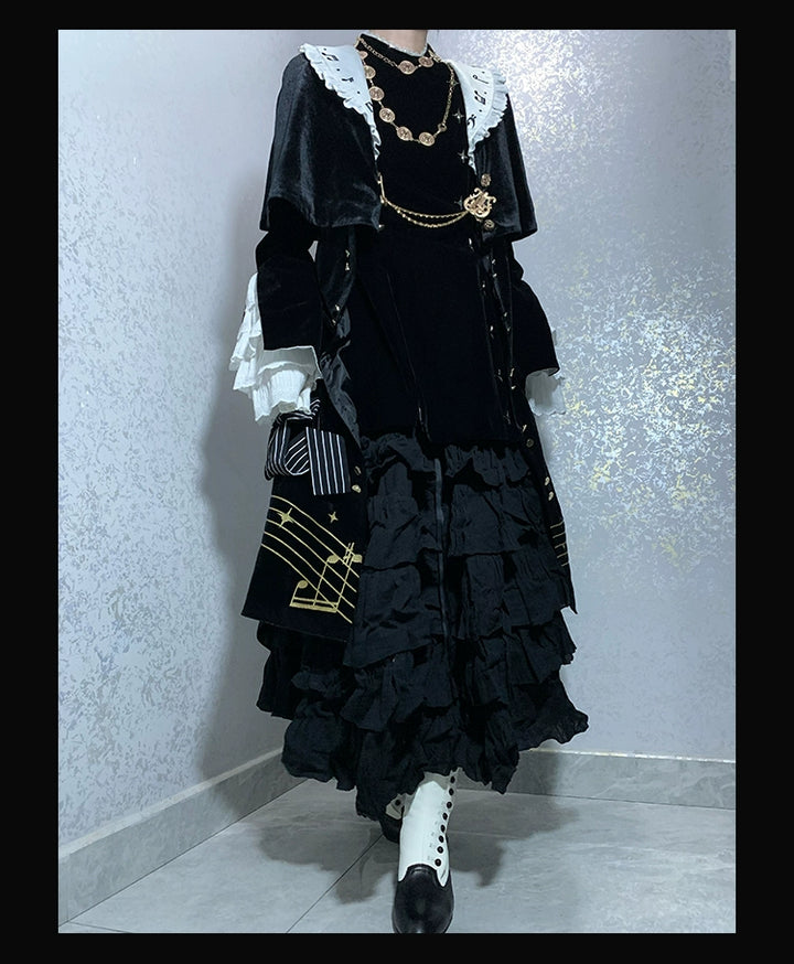 Forest Fluorescent Carps~Black and White Sonata~Ouji Lolita Vest Suit and Vintage Lolita OP Dress