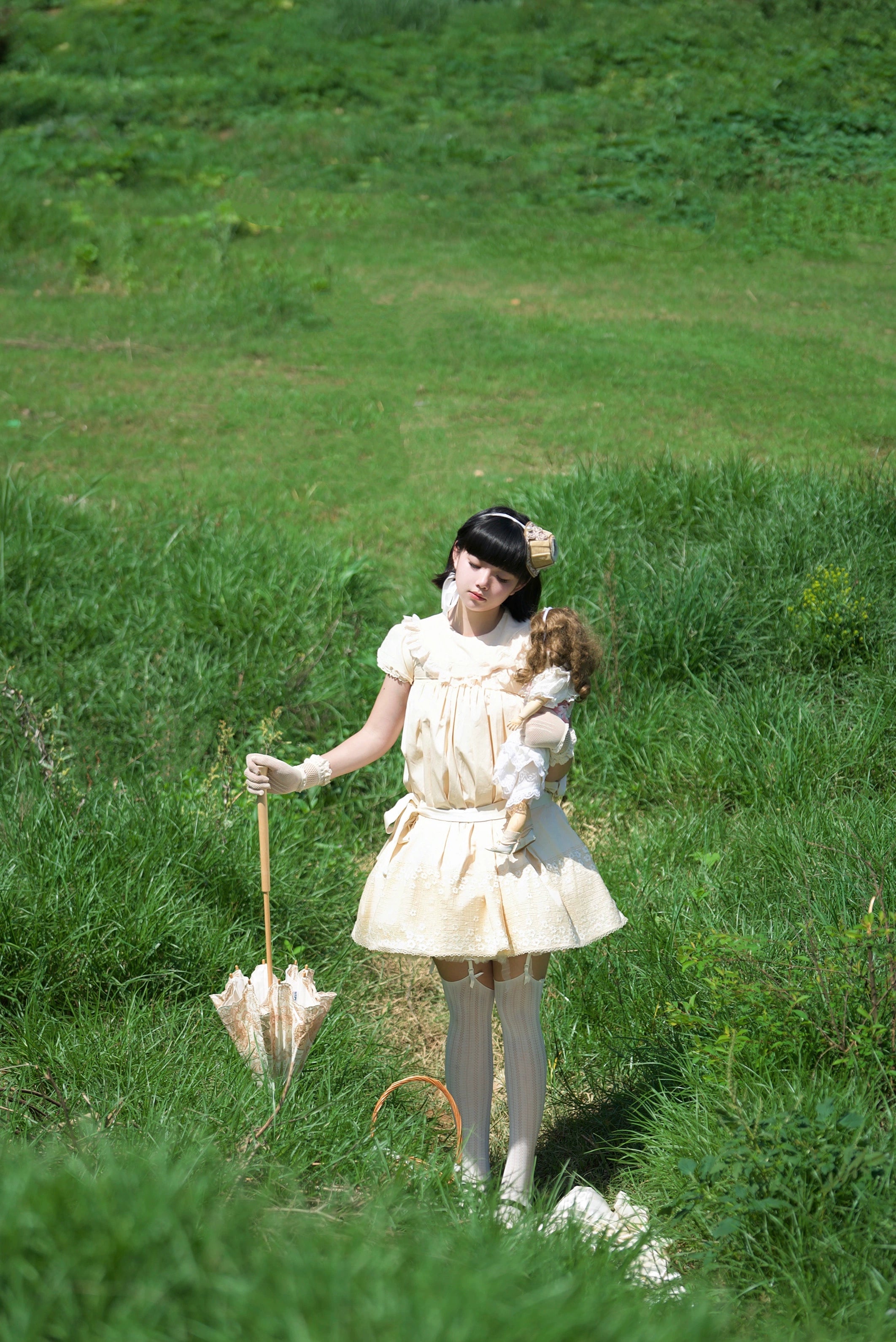 Fresh Tea Lolita - Meringue Frosting - Cotton Kawaii Lolita OP Dress with Satin Bow