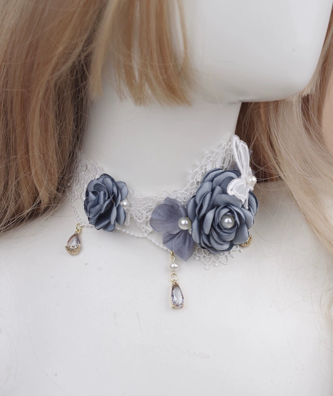 Rose of Sharon~Moon Shadow Rose~Retro Lolita Necklace Handmade Floral and Lace Choker white lace and blue-gray flowers  
