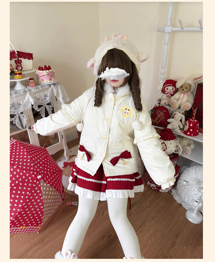 Niu Niu - Bunny Mochi Puff - Winter Kawaii Lolita Coat, Bunny Ear Hood (2XL 3XL L XL) 44191:797821