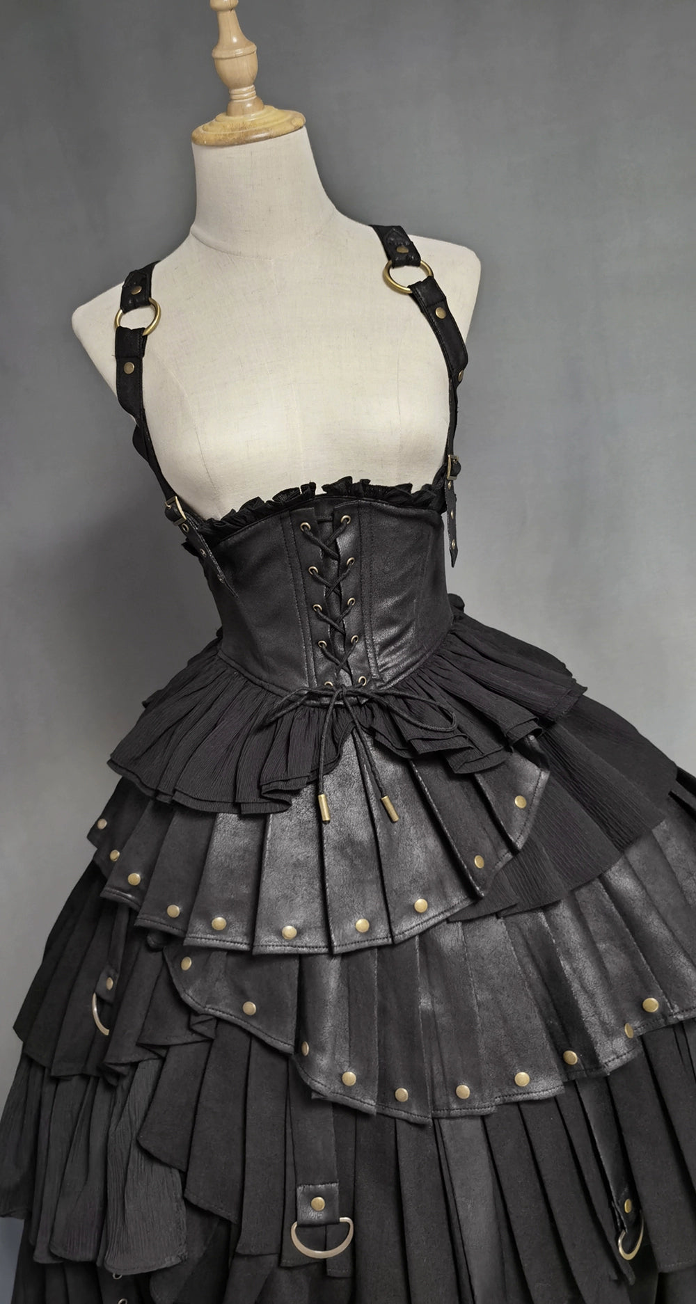 FOXTROT - Black Mist Beloved - Corset Gothic Lolita SK, Shirt, Faux Leather Cage Overlay Bust-supporting SK - S