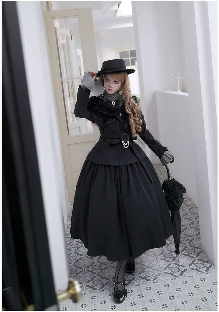 With PUJI~Old Testament~Classic Lolita Coat Black Plush Lolita Cape and Brooch