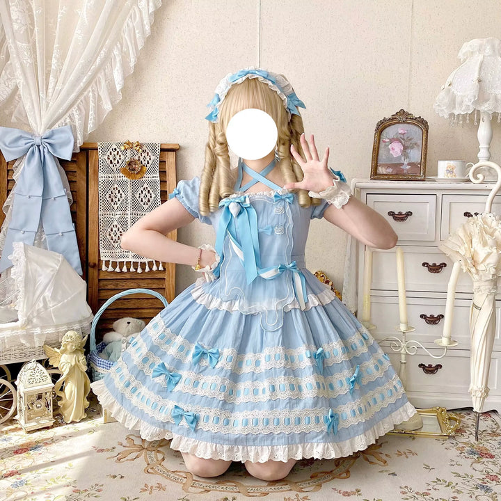 Uncle Wall Original~Cream Piping Artist~Cotton Sweet Lolita OP Halter-neck Dress With Accessory