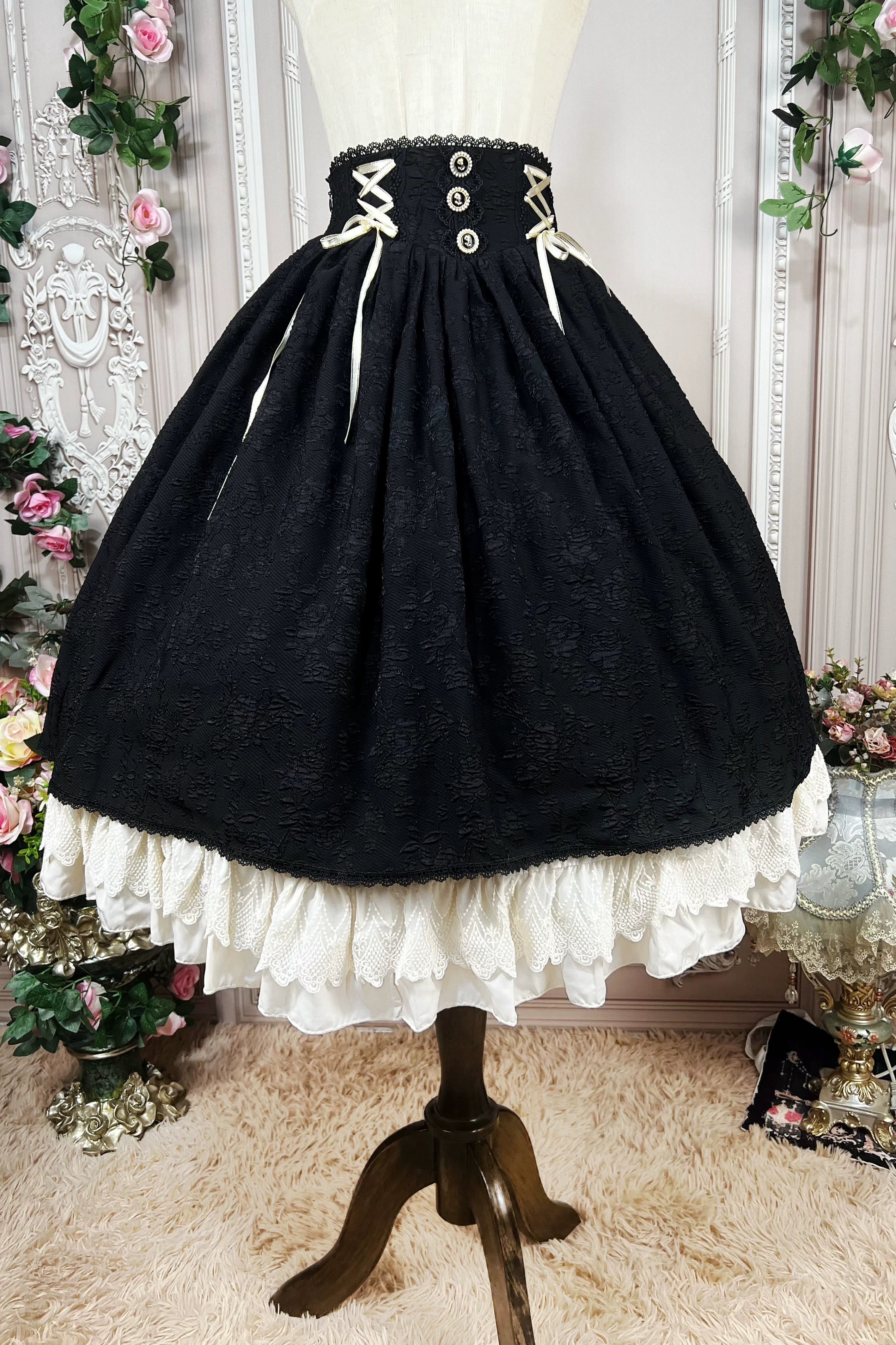 DMFS Lolita - The Heart of the Rose - Elegant Retro Lolita Skirt High Waist SK Blouse S Black skirt