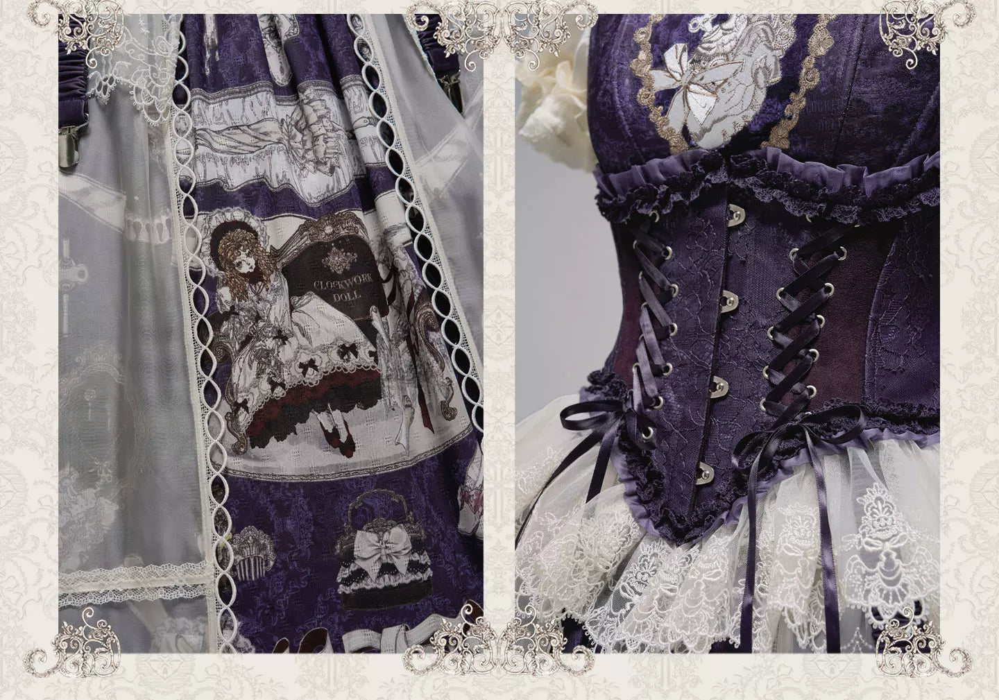 Clockwork Doll - Gothic Lolita Printed Dress, Lace & Bows 45186:839272