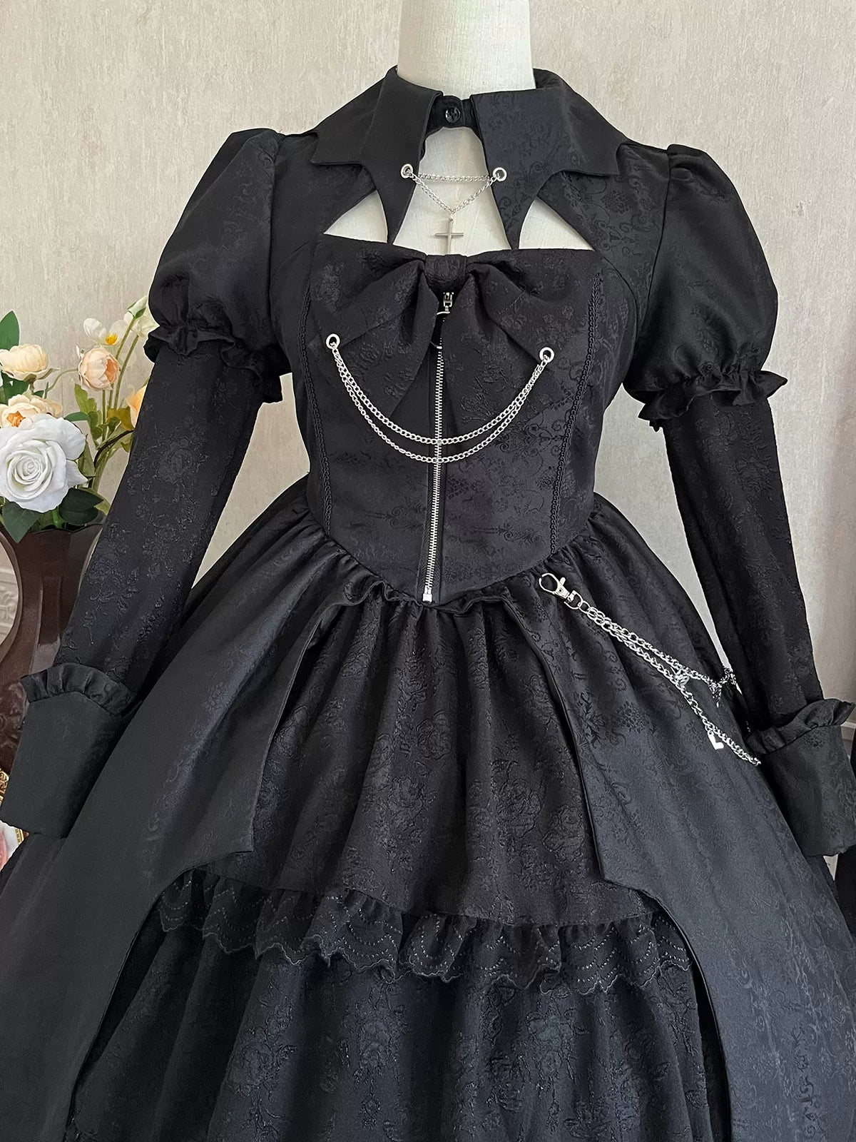 Darknight Creed - Gothic Lolita Jacquard OP, Irregular Hem & Cross Pendants 45847:865299