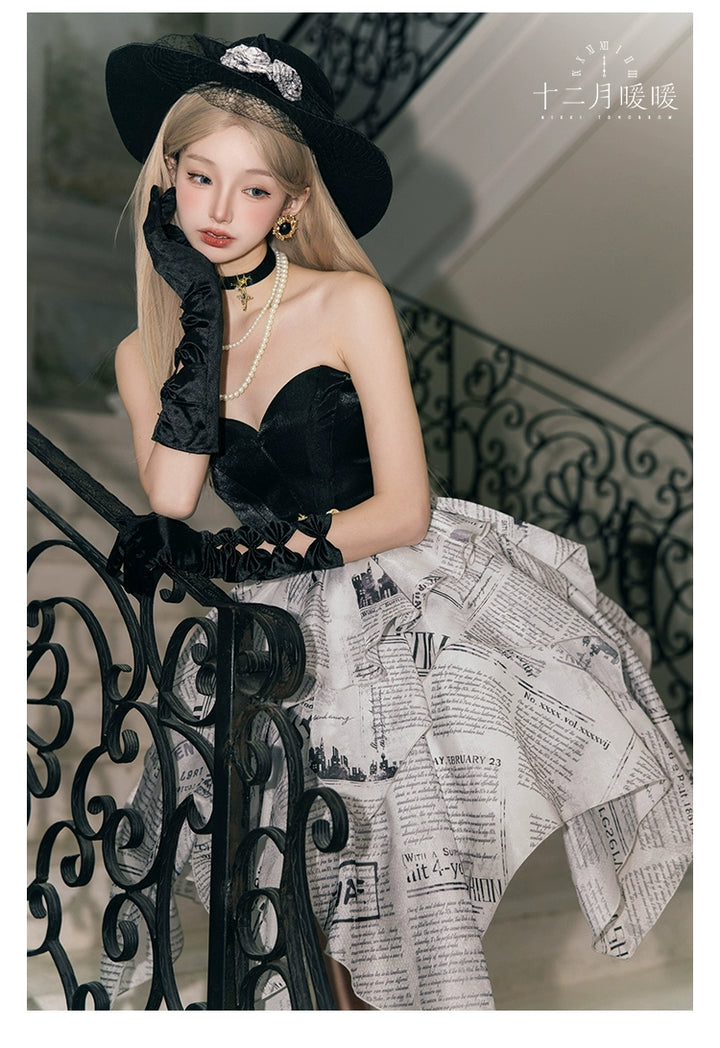 Nikki Tomorrow~Modern News~Retro Lolita JSK Irregular Print Dress with Pearl Choker