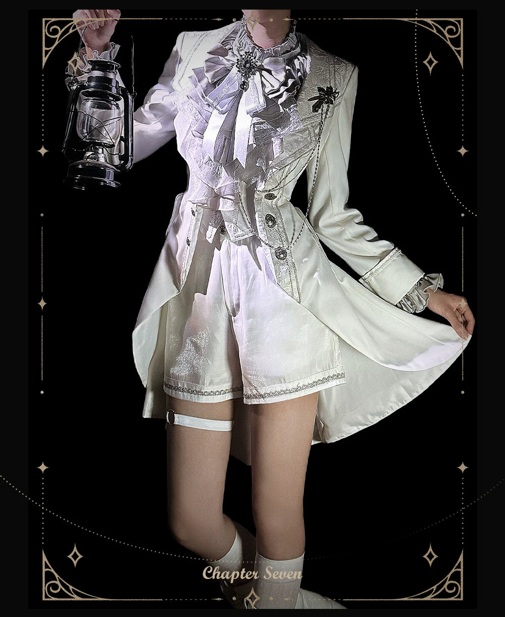 Chapter Seven - Jacquard Faux Two-piece Coat Set, Ruffled Collar Shirt