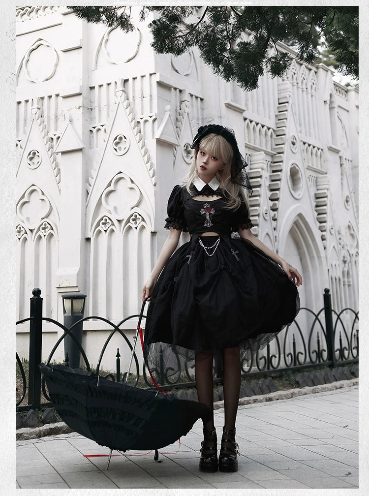 With PUJI~Evil Flower~Gothic Lolita Skirt Set Rose Embroidered Hollow Out Blouse   