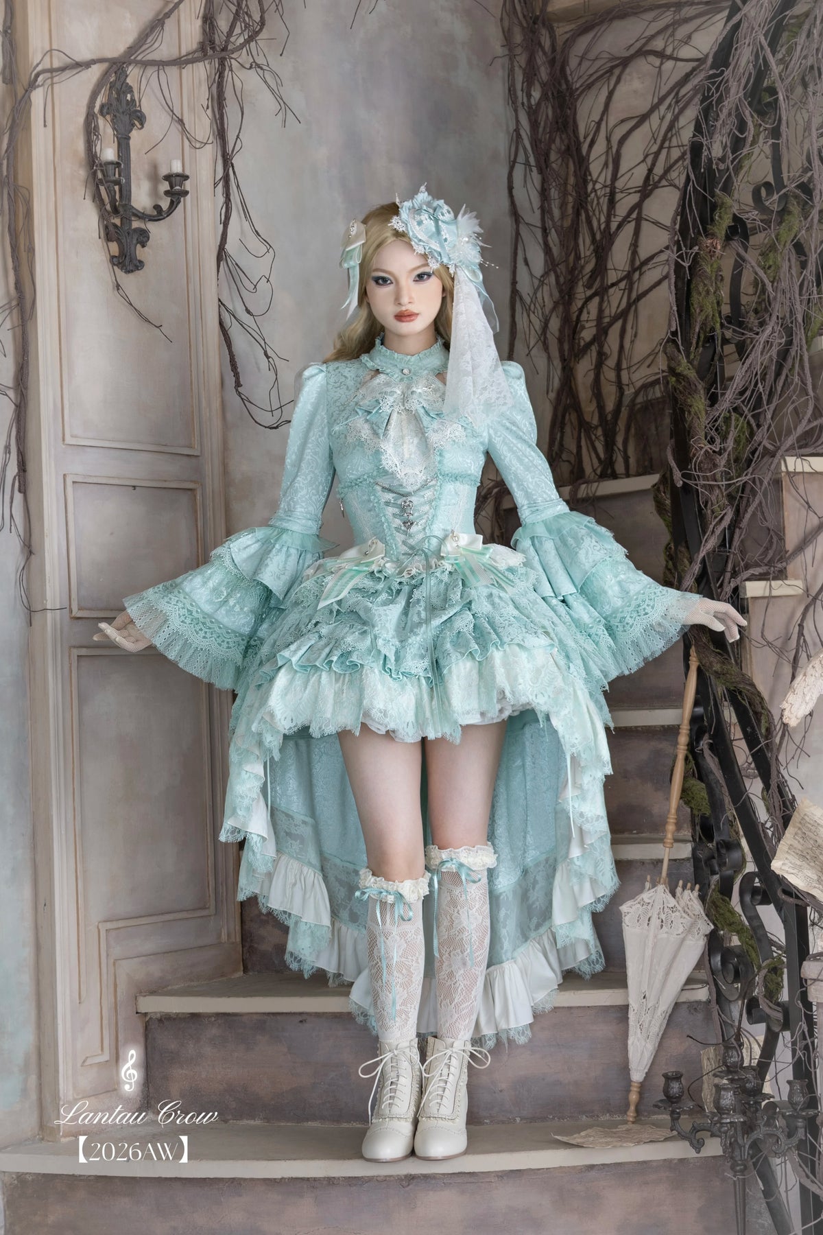 Requiem - Gothic Lolita Blouse & Skirt Set, Jacquard with Satin Lace 45969:869856