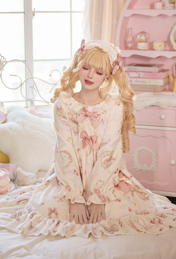 Baduoni~Starry With Moon~Winter Sweet Lolita Nightgown Dress Flannel Dree with Pants