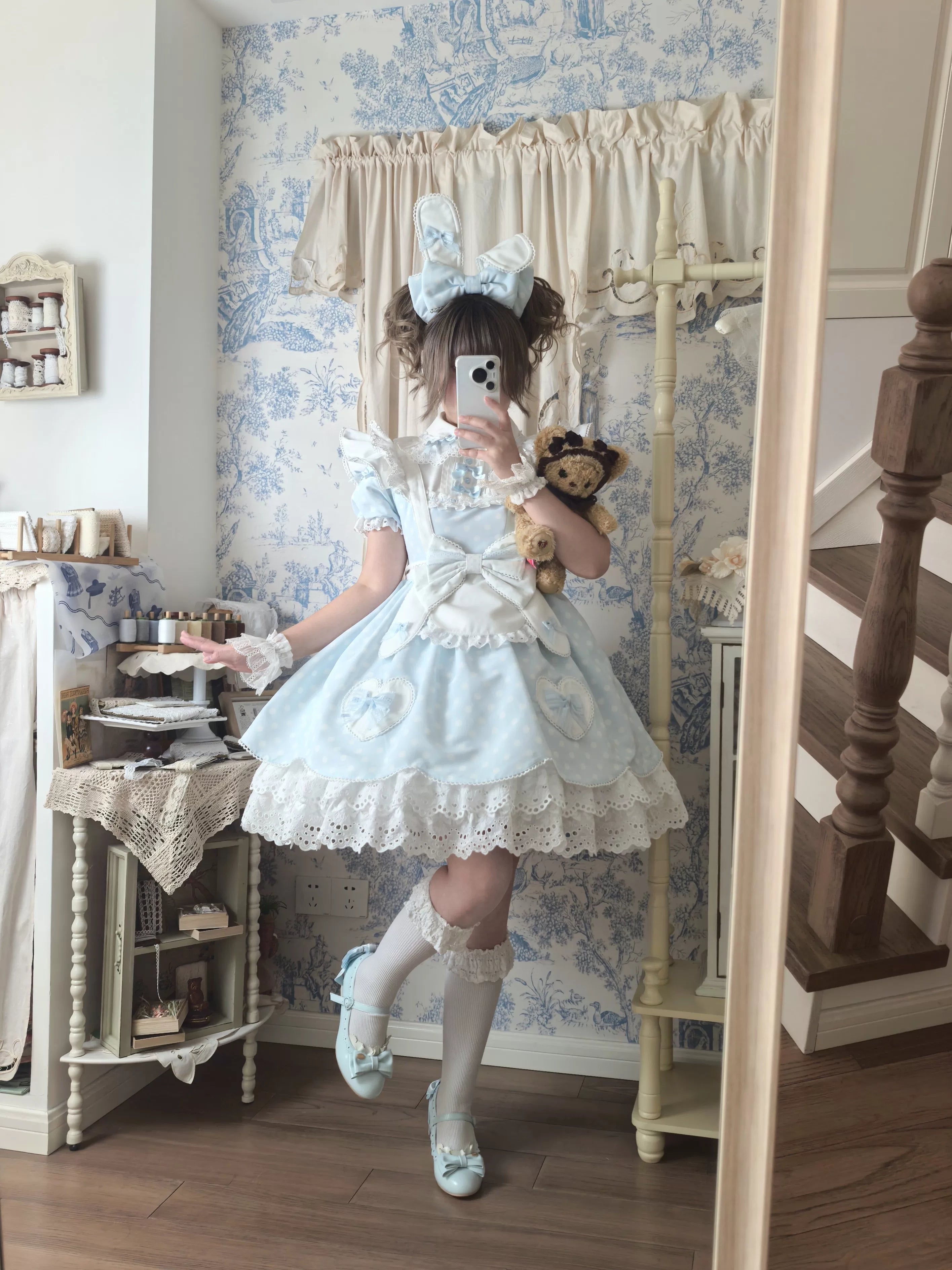 Bunny Kissaten - Four Colors Old School Lolita Polka Dot OP, Bunny Ear Apron 45824:864349