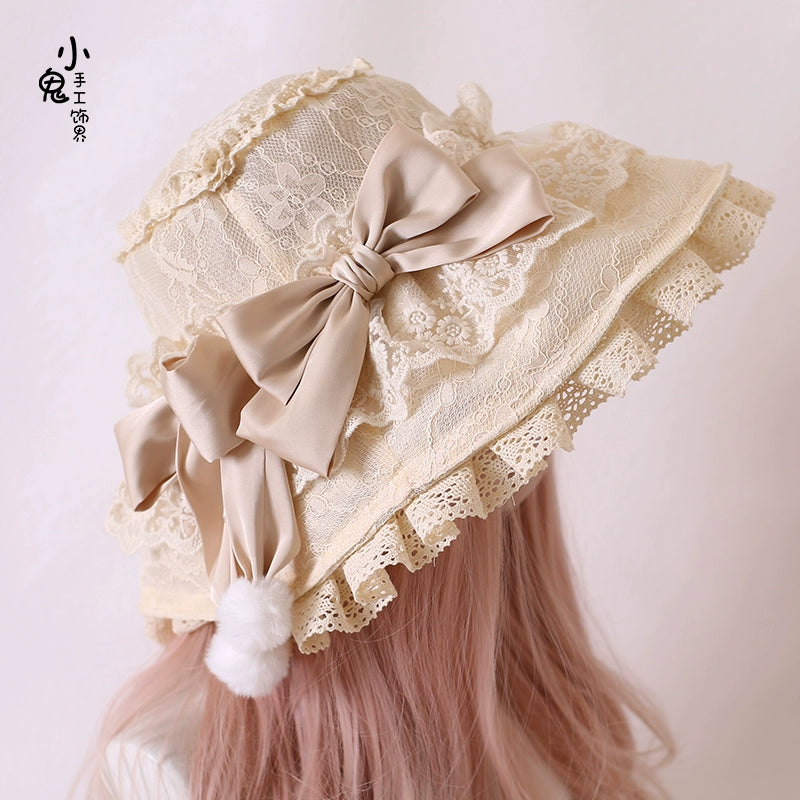 Xiaogui~Retro Lolita Hat Lace Handmade Doll Hat with Multicolor Bows free size beige hat with champagne bow 