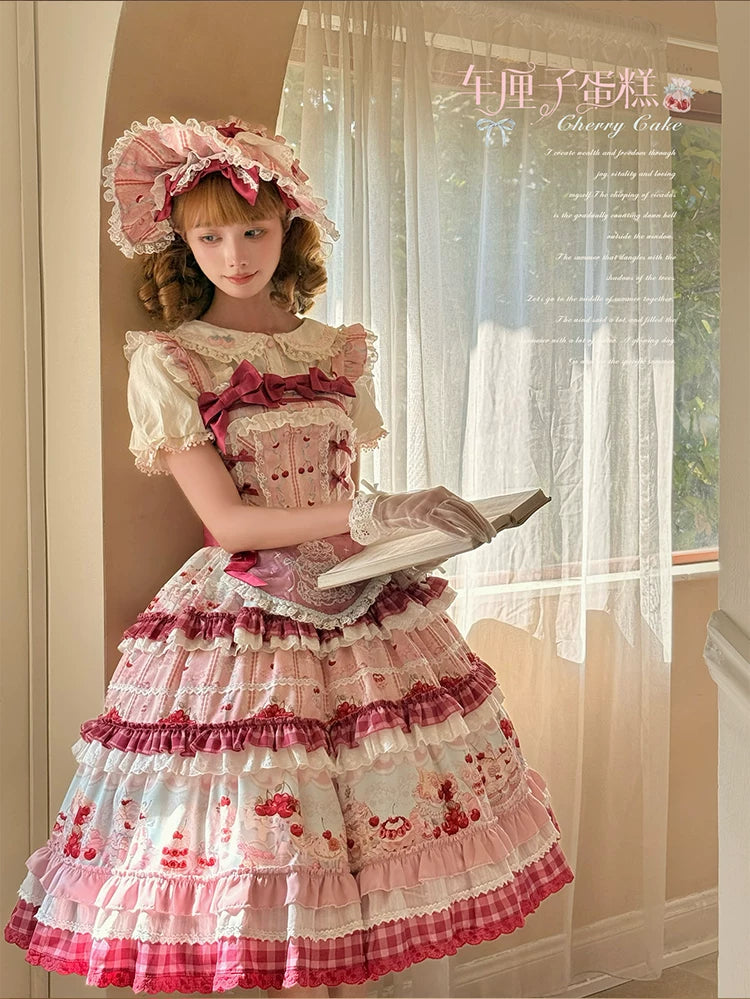 Cherry Cake - Printed Sweet Lolita JSK Dress, Embroidered Apron 44904:827144