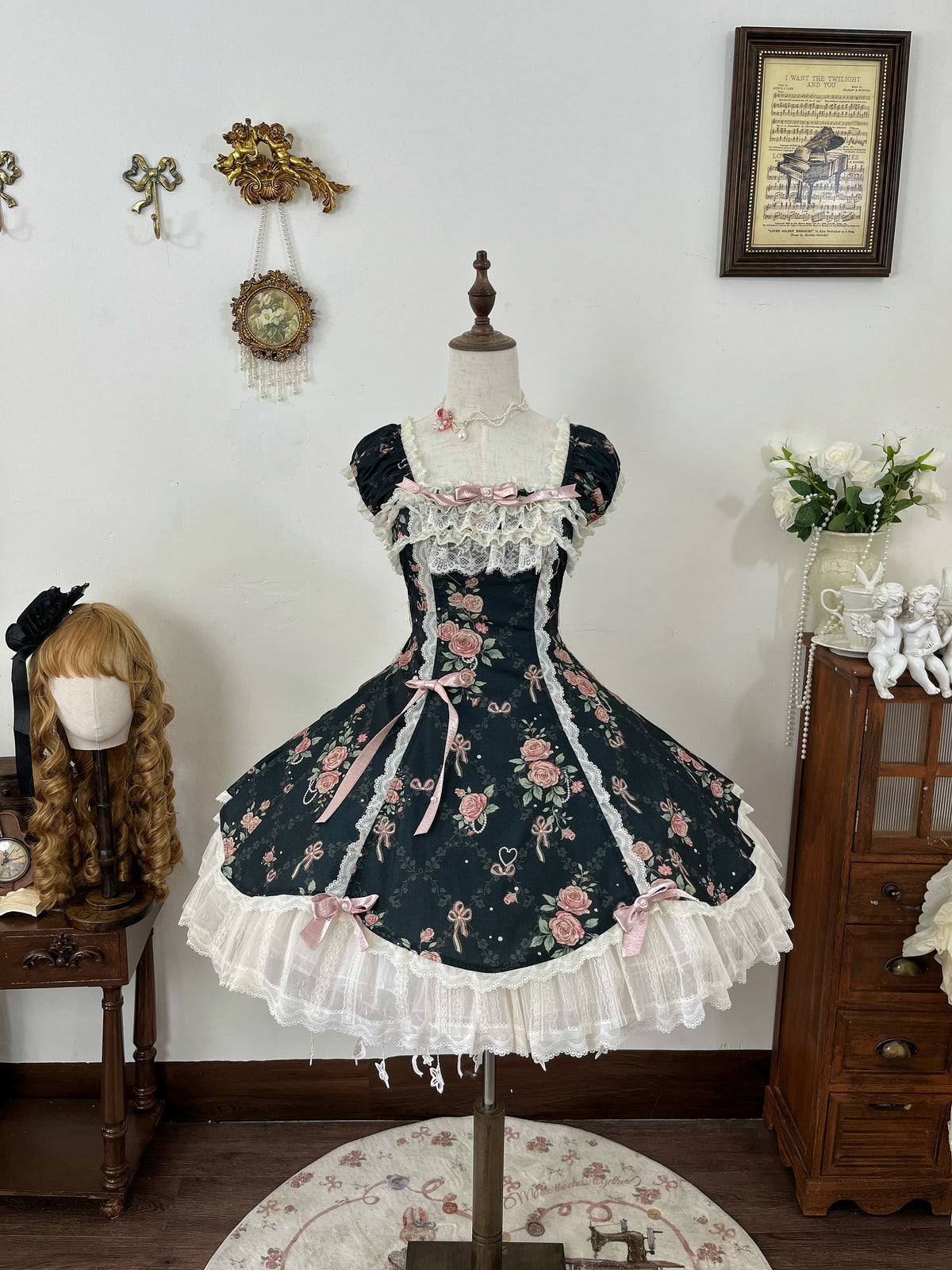 Pearl & Rose - Old School Lolita Floral Print Lolita OP Dress, Back Opening (L M S) 45925:868414