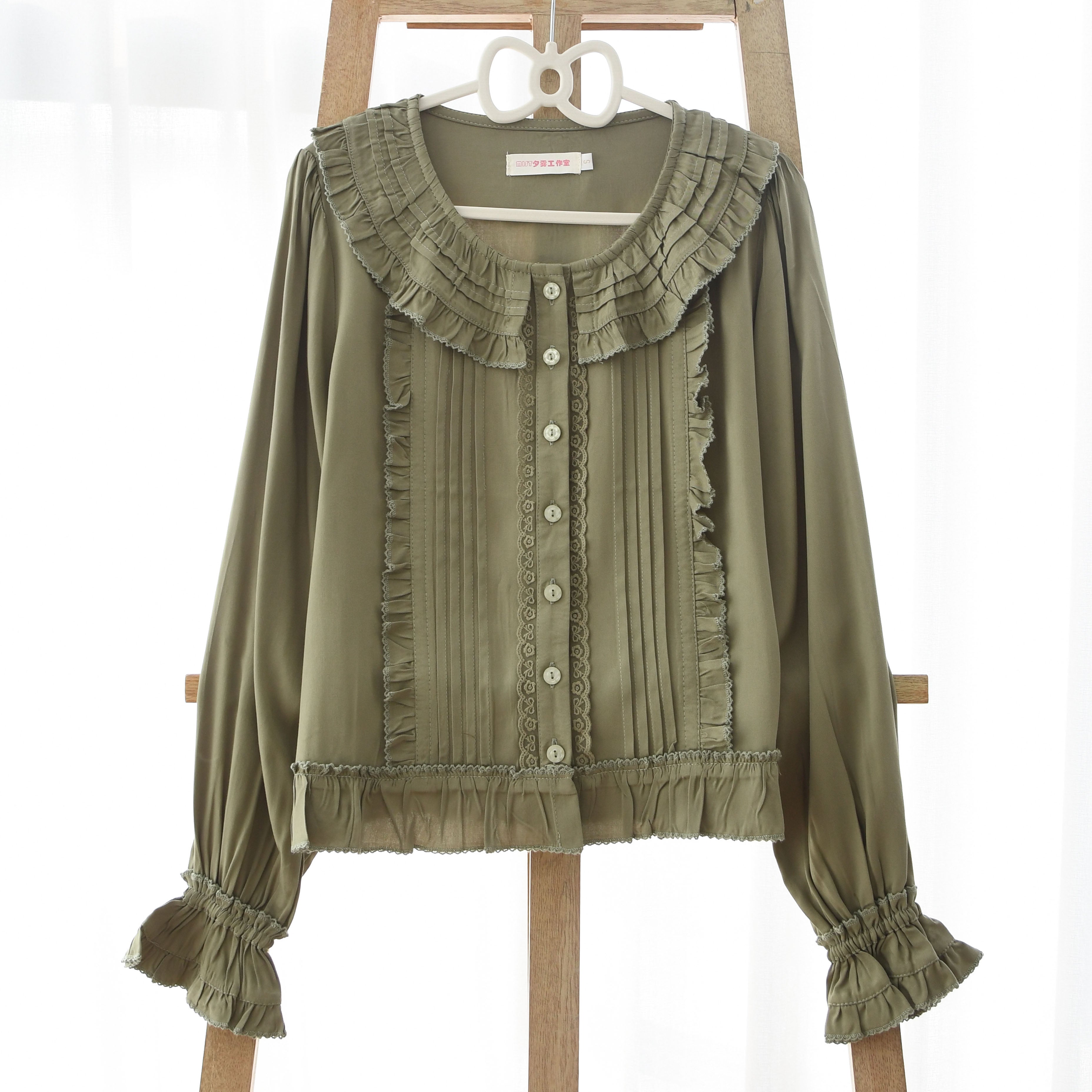 MIST - Wine Drunk Rose - Sweet Cotton Lolita Blouse with Ruffles and Pleats Green blouse only S