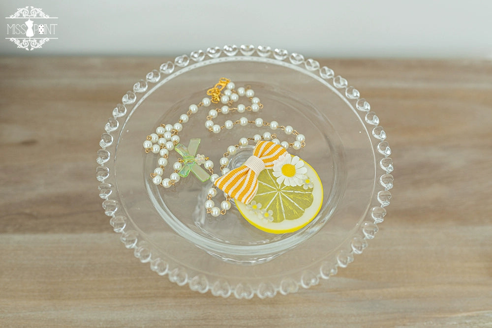 Miss Point~Daisy Lemon~Kawaii Lolita Lemon and Flowers Accessory large lemon bow necklace-yellow  