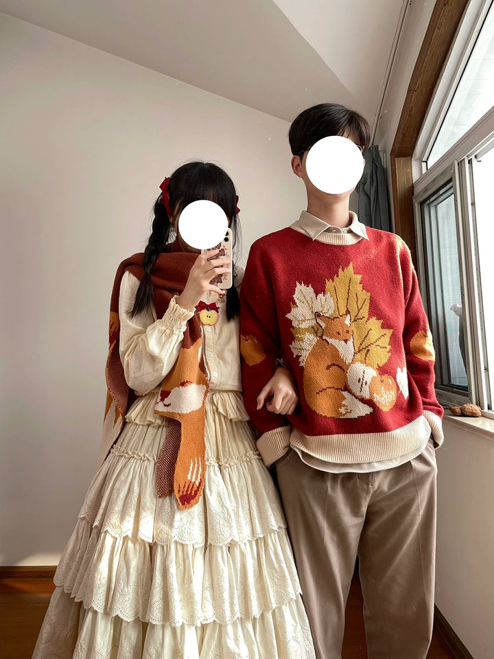 Miss Point~Fat Fox in the Forest~Kawaii Lolita Sweater Customized Winter Lolita Couple Outfit   