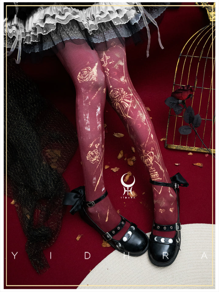 Yidhra - Rose Printed Gothic Lolita Pantyhose Red