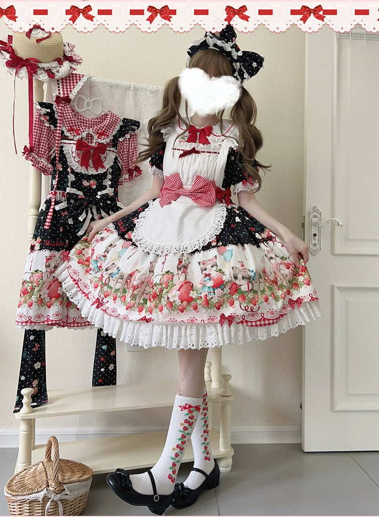 GD Lolita~Cat Strawberry Garden~Sweet Lolita Dress High Waist JSK Strawberry Print OP