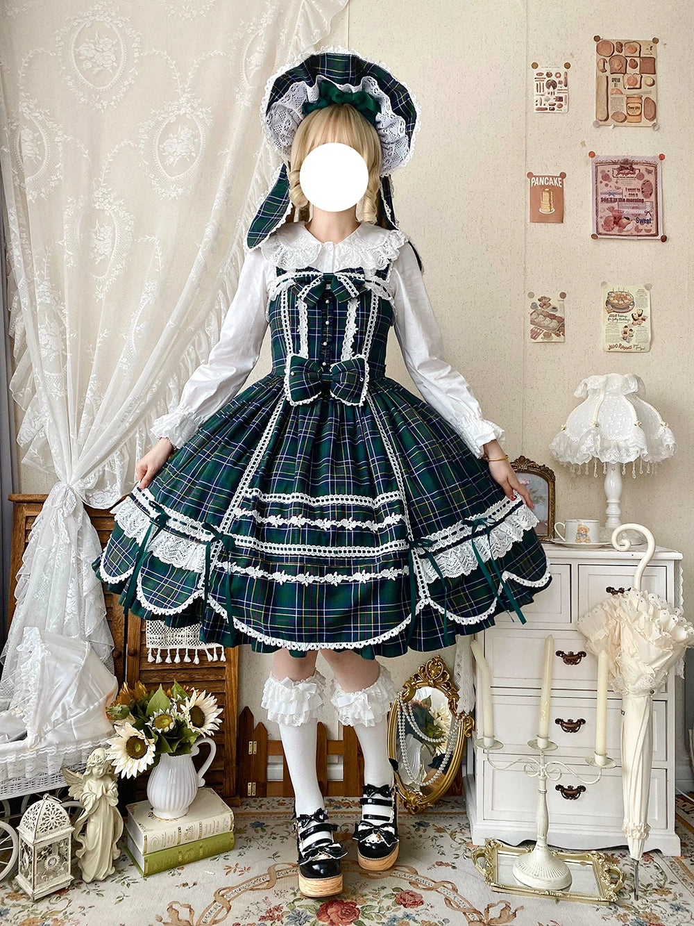 Plaid Petal Bunny - Old School Lolita Bunny Ear Headdress, Bear Ear Apron 44742:820795