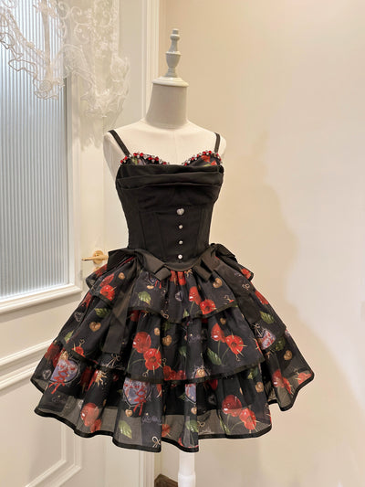 (Buy for me)Gloaming~Sweet Lolita Cherry print Short Sleeve OP and SK Set S Black SK skirt 