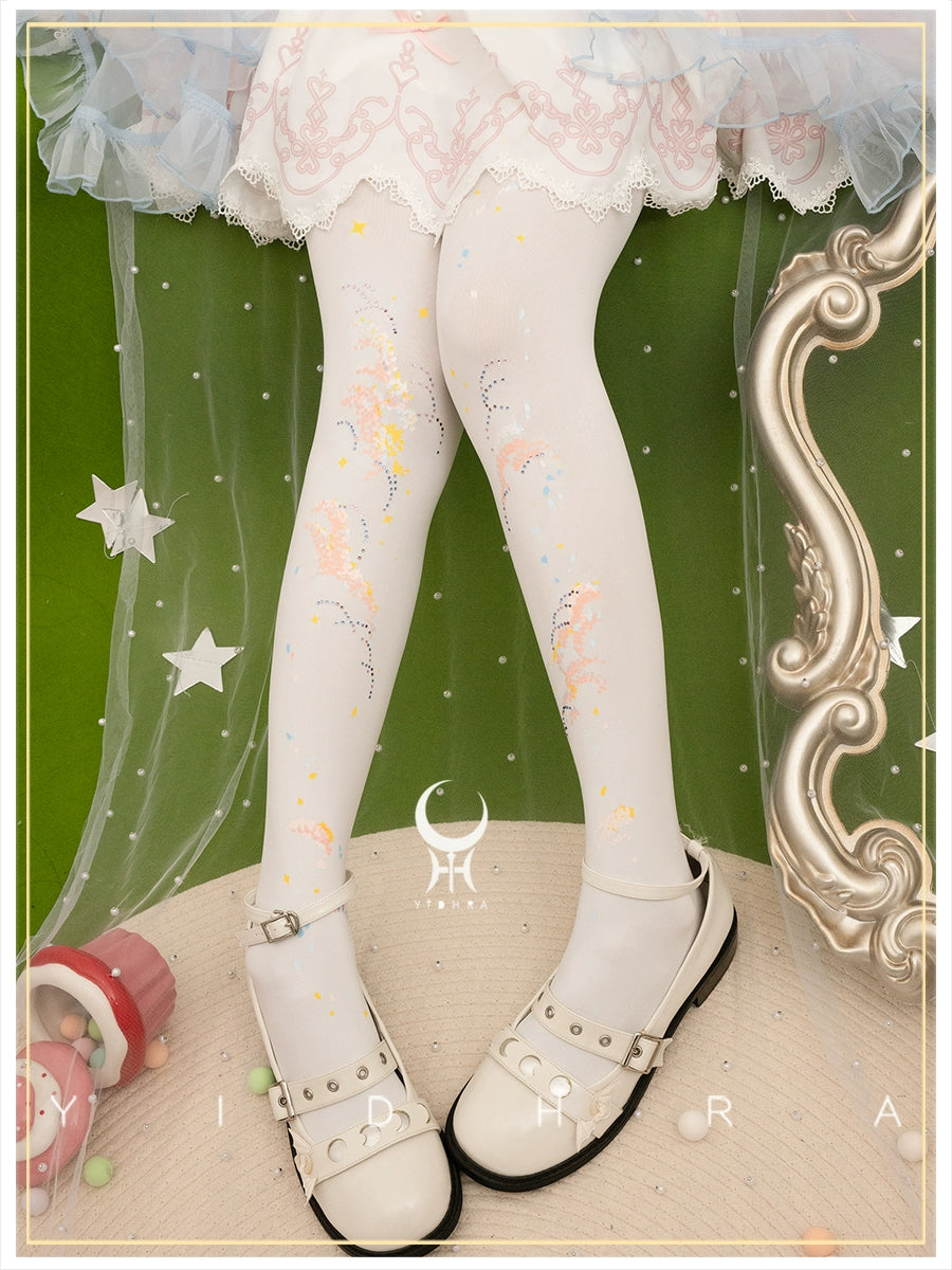 Yidhra~Flowers Under the Stars~Gorgeous Lolita Pantyhose Sweet Velvet Socks Free size White - gorgeous style 