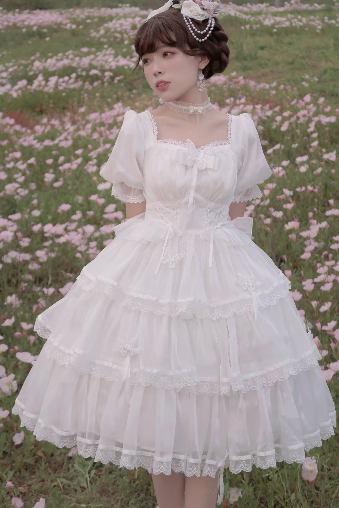 MEEKWIND~Miss Flora~Light Bridal Lolita Dress Gauze OP and JSK White XS OP