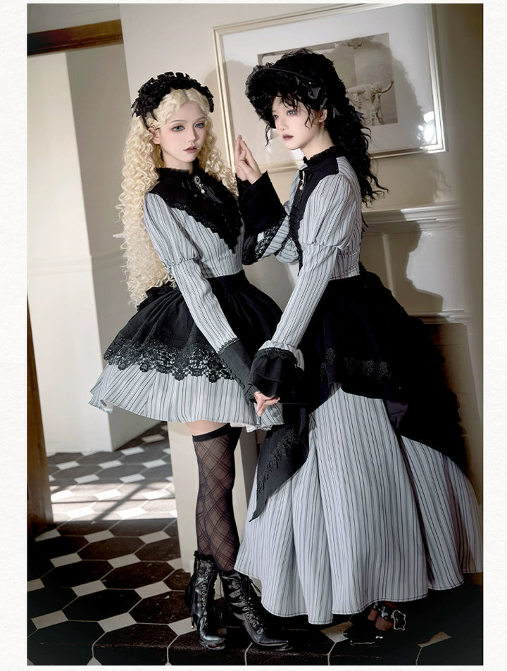 With PUJI~Nocturne SP~Striped Gothic Lolita OP Twin Lolita Dress with Apron