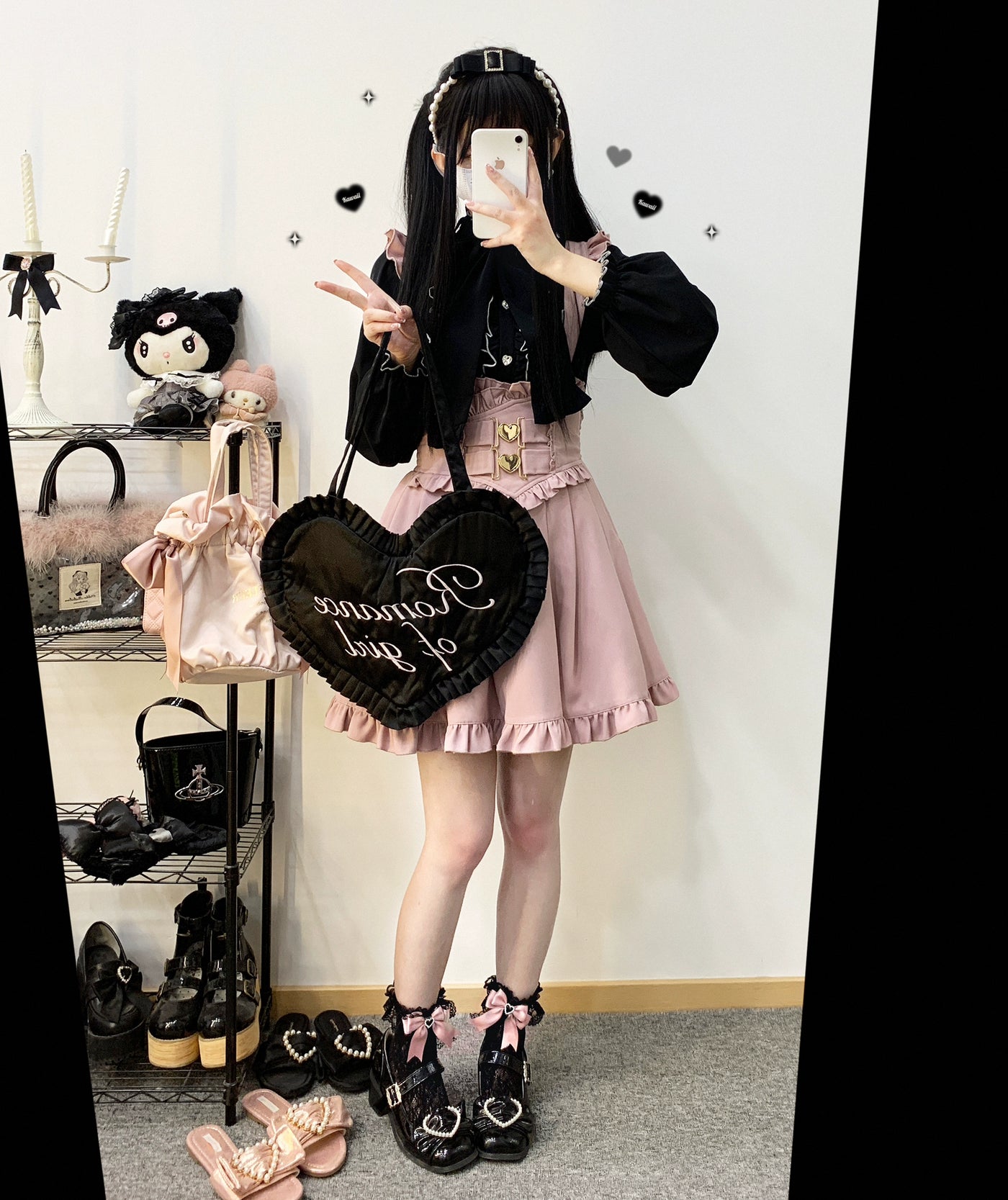 (BFM)KittyBxllet~Cream Ribbon~Jirai Kei Bi Color Stand Collar Ribbon Blouse   