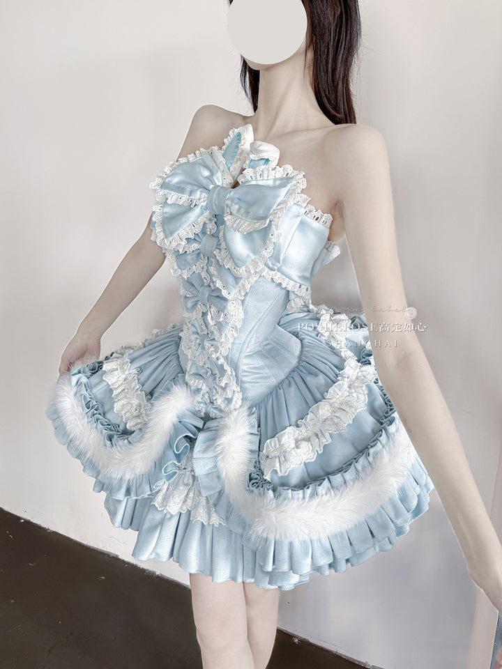 POSHEPOSE~Chuling Swan Lake~Sweet Lolita JSK Set Velvet Blue Dress for Prom