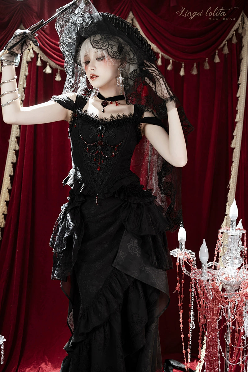 Lingxi Lolita~Lord of the Night~Gothic Lolita Skirt Suit Mermaid Skirt and Fishbone Bodice 42159:730272