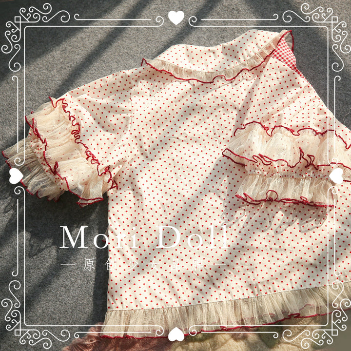 Mori Doll~Peach Tea~Sweet Lolita Dot and Stripe Print Short Sleeve Blouse