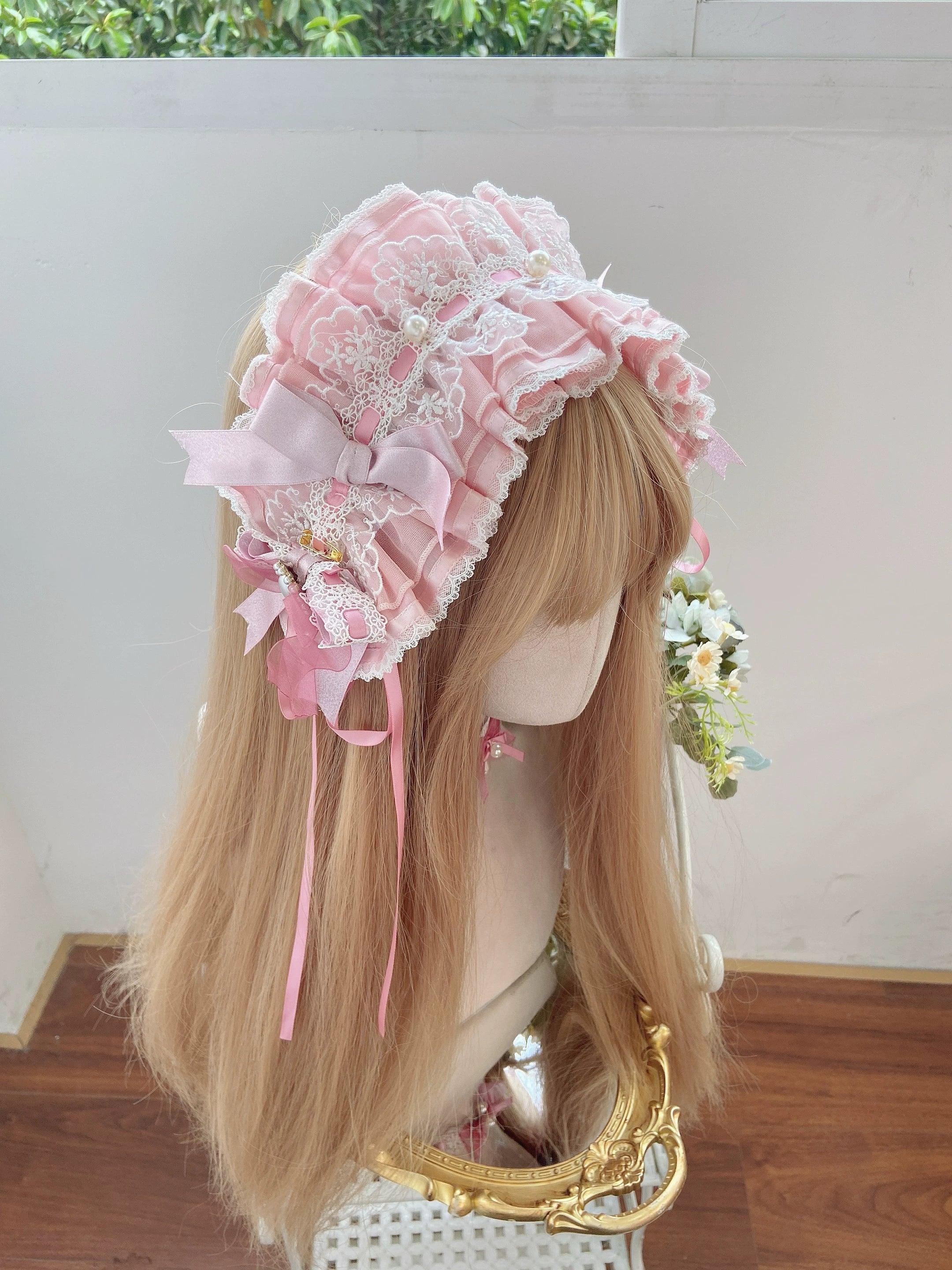 Yellow Blossom & Rose - Sweet Lolita Floral Embroidery JSK, Drawstring Lift-up Hem Pink - Hairband Only S