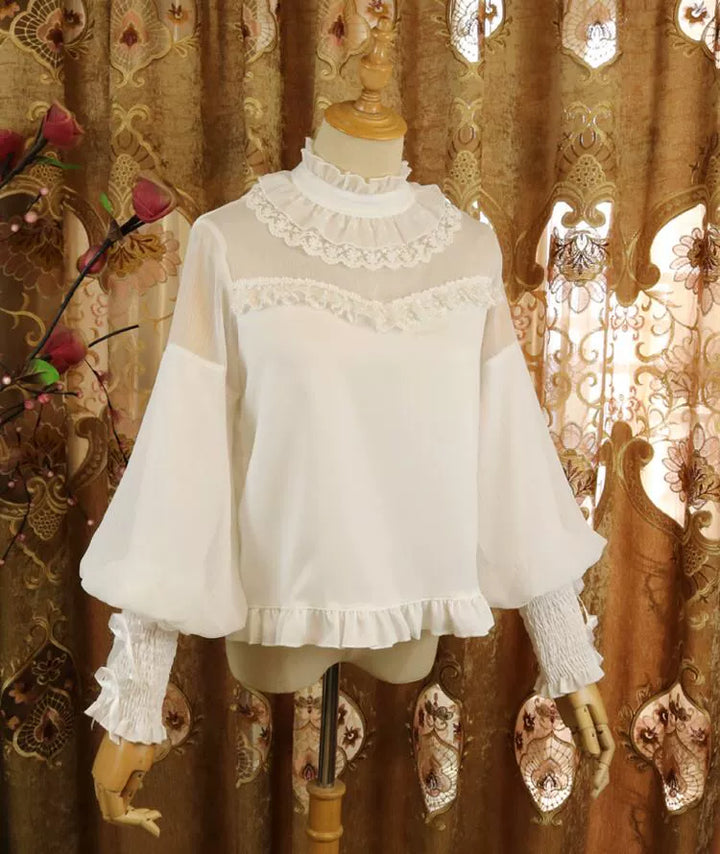 DMFS Lolita~Sweet Lolita Shirt Mutton Sleeves Chiffon Lolita Innerwear Pure milk white S 