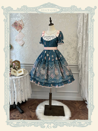 Alice girl~Night Rose~Elegant Lolita OP Dress Floral Print Dress Short Sleeve dark blue short OP XS 