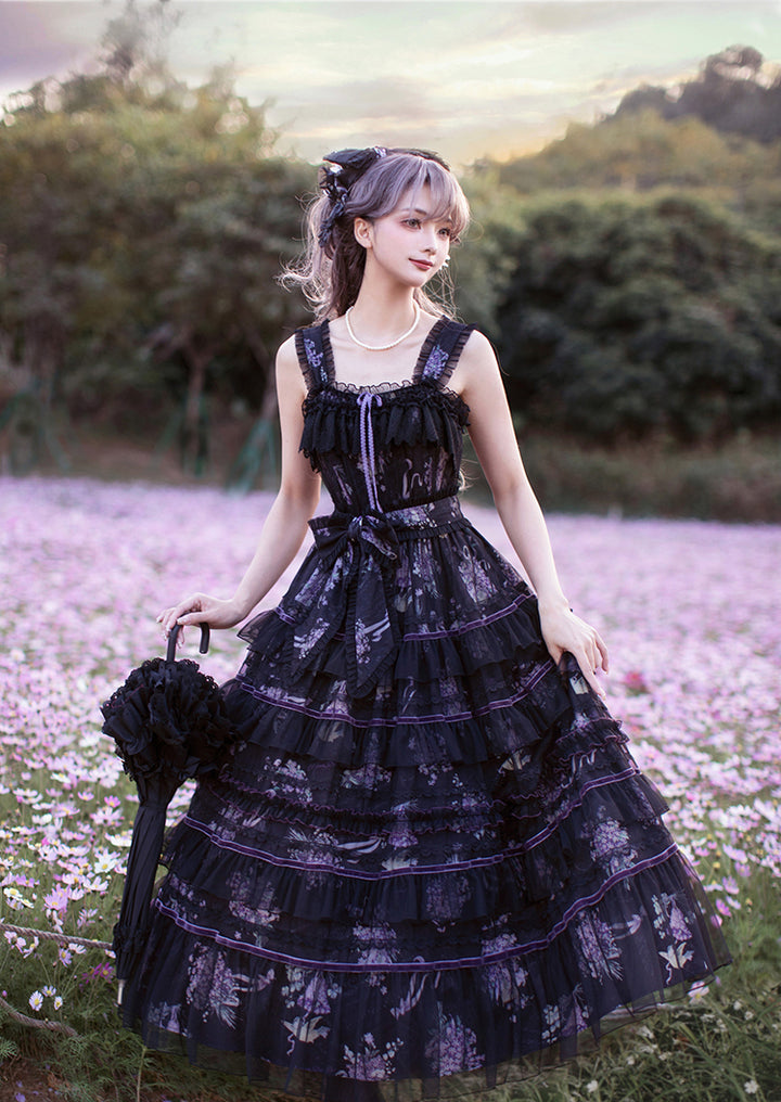 Avenue Denfer~Floral Veil~Elegant Lolita JSK Suit Floral Print Dress and Tulle Shawl