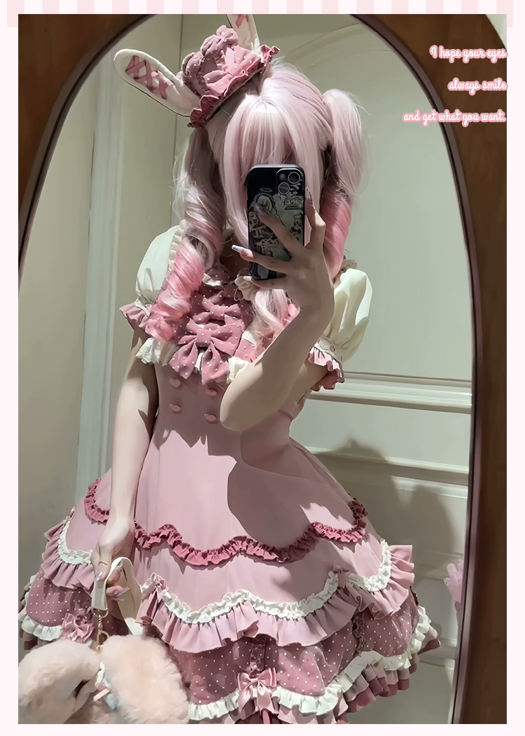 Sakurahime~Bunny Breeze~Pink Sweet Lolita OP Dress with Cute Hat and Bunny Ears