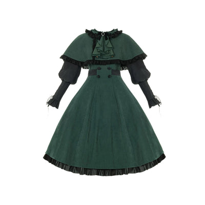 With PUJI~College of Potions~Elegantt Lolita OP Dress Black and Green Dress with Cape OP + cape + bow tie S 