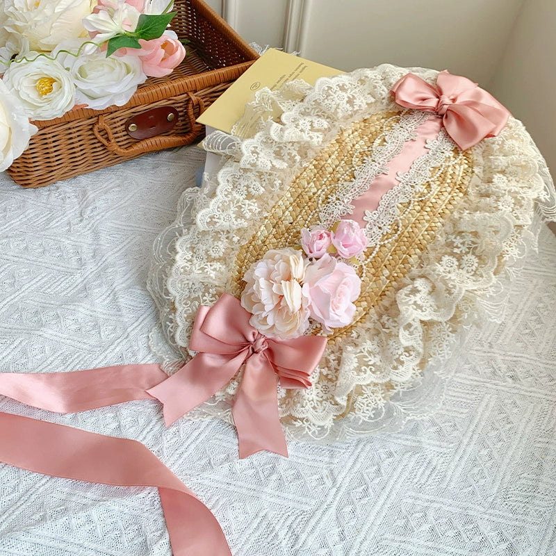 With PUJI~Floral Language~Country Lolita Lace Bow Flat Cap Straw Hat free size pink 