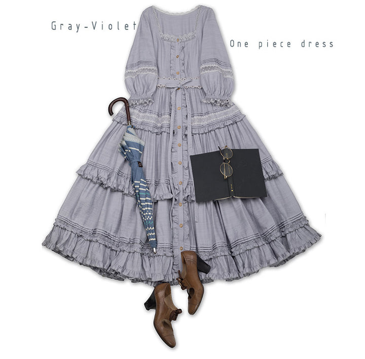 JS Lolita~Jenny and Mentha Tea~Elegant Lolita Square Neckline OP Dress S gray-violetOP 