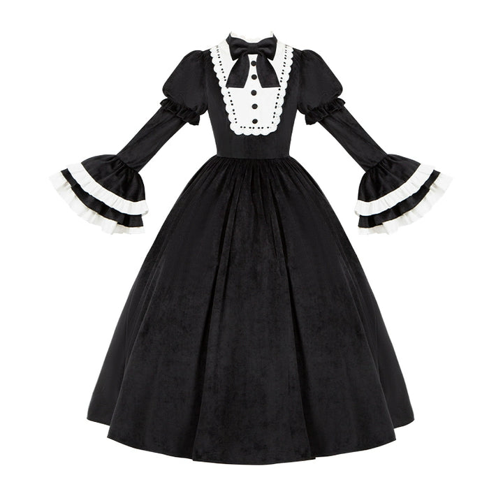 With PUJI~Sleepless Night~Classic Lolita Black OP Dress White Princess Sleeves   